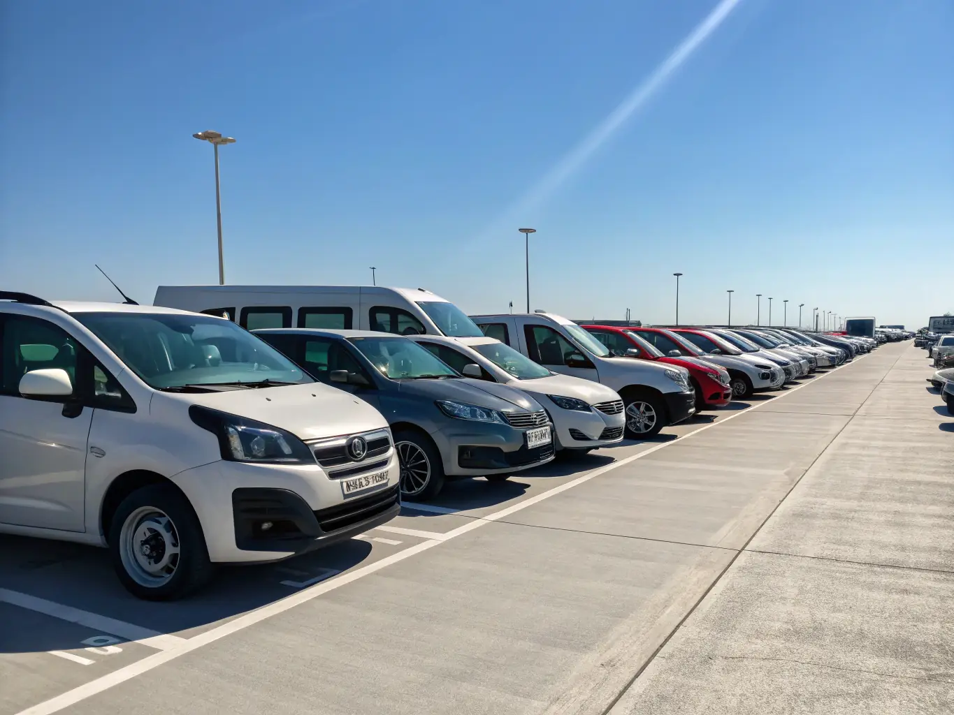 A fleet of well-maintained rental vehicles parked neatly in a designated area, showcasing the variety and quality of Armages LLC's rental options.
