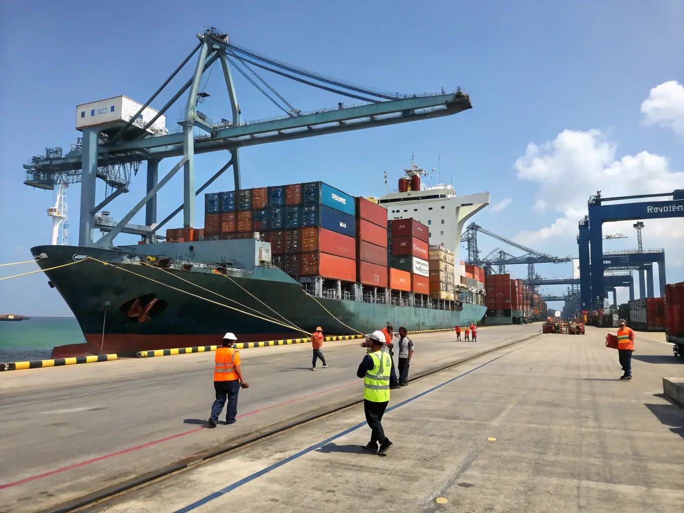 A modern cargo ship is docked at a bustling port, with various vehicles being loaded and unloaded, symbolizing the global reach and efficiency of Armages LLC's vehicle import/export services.