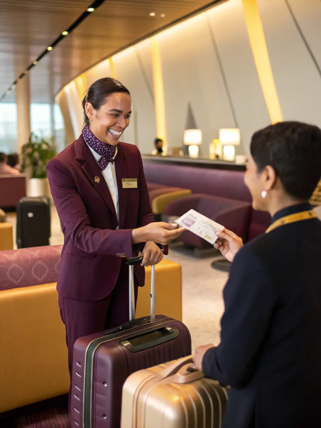 A sharply dressed professional assisting a client with travel arrangements at a modern airport, showcasing Armages' travel concierge services.