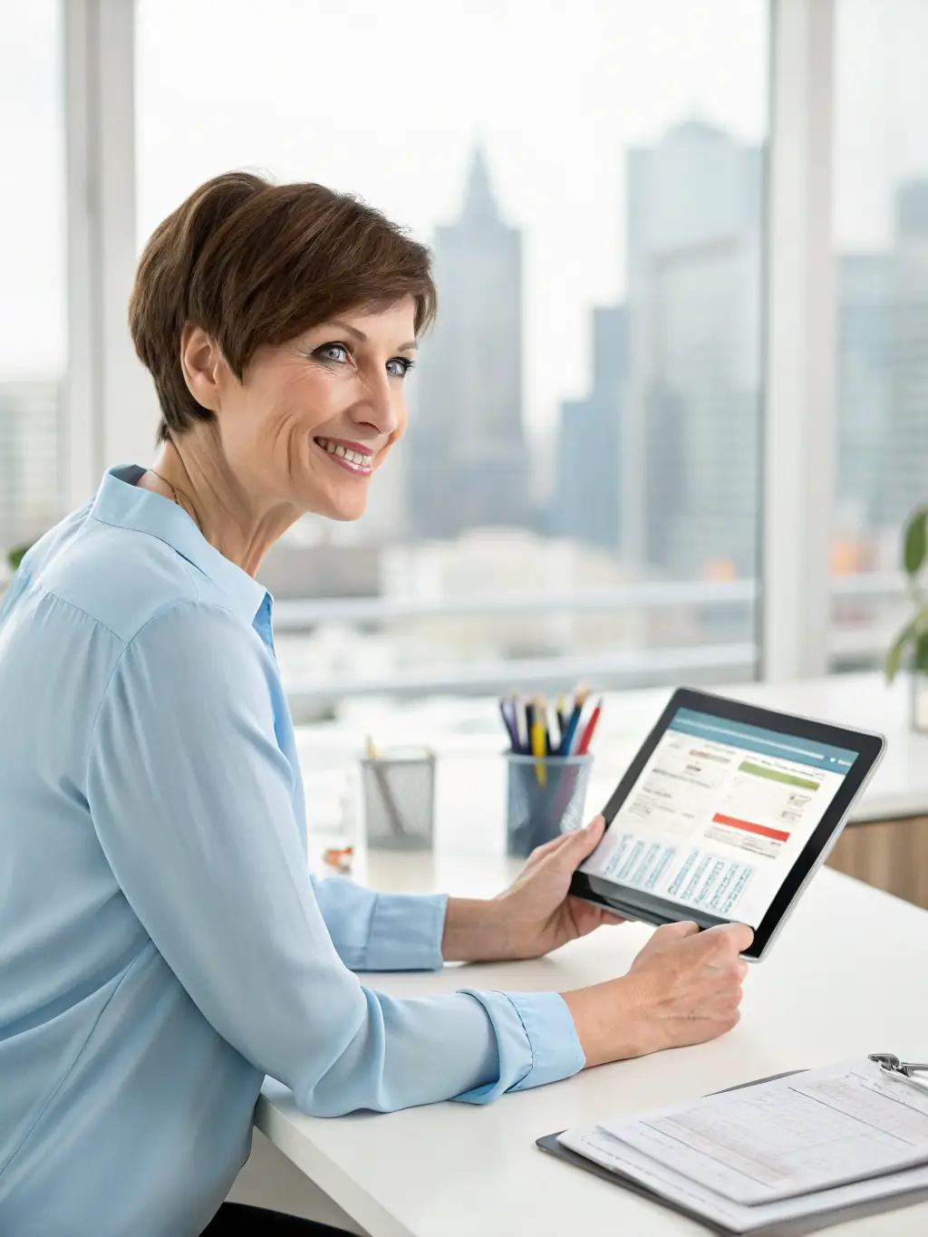 A personal assistant organizing a client's schedule in a high-end office, highlighting Armages' commitment to efficient time management.